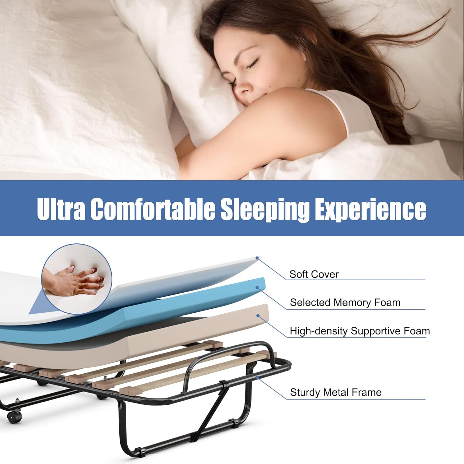 GORELAX Cama plegable con colchón de 3 pulgadas, juego de cama portátil individual pequeño con marco de cama de metal, cuna plegable con colchón de