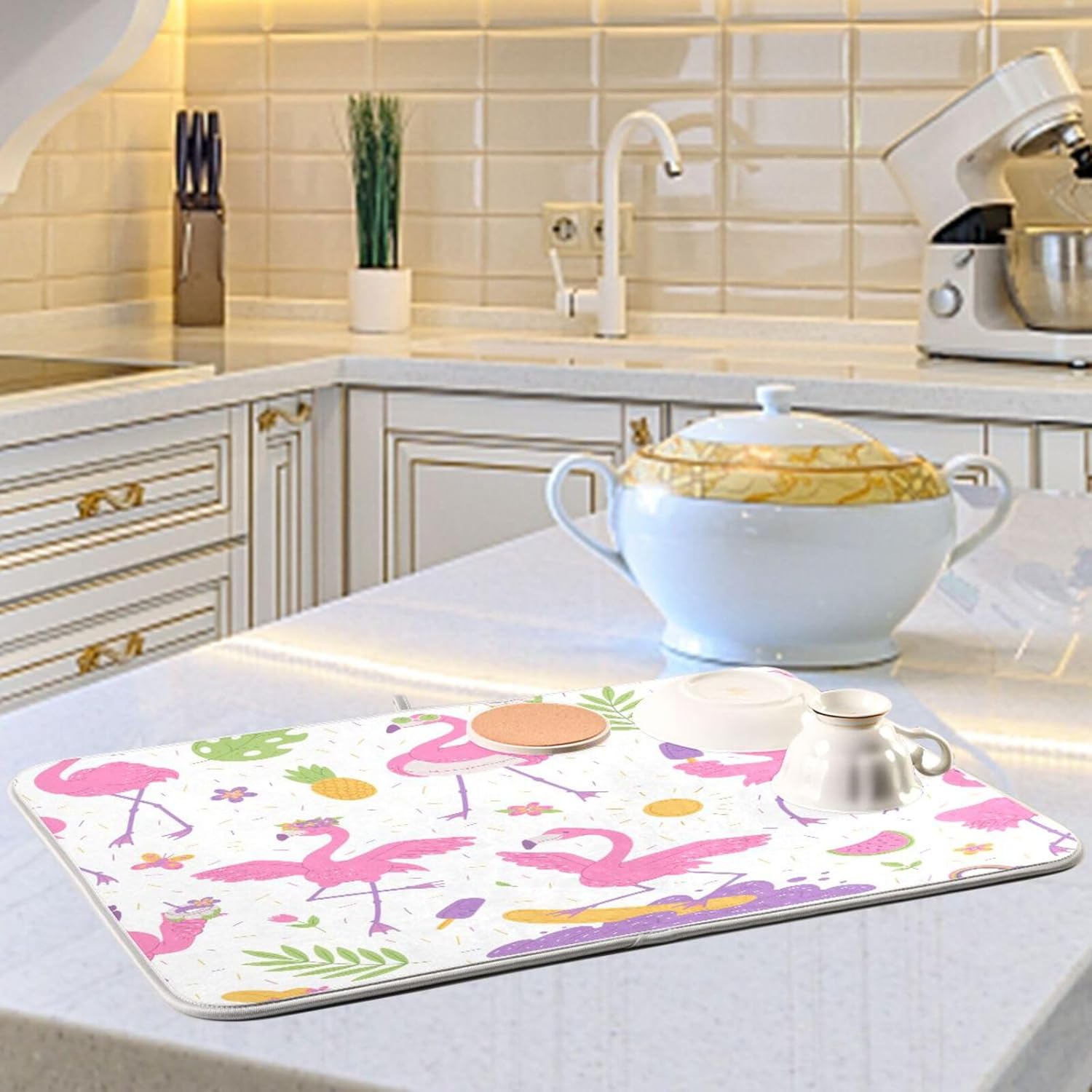 Alfombrilla de secado de platos Pink Flamingos para encimera de cocina, 18 x 24 pulgadas, almohadilla de secado ultra absorbente, accesorios de