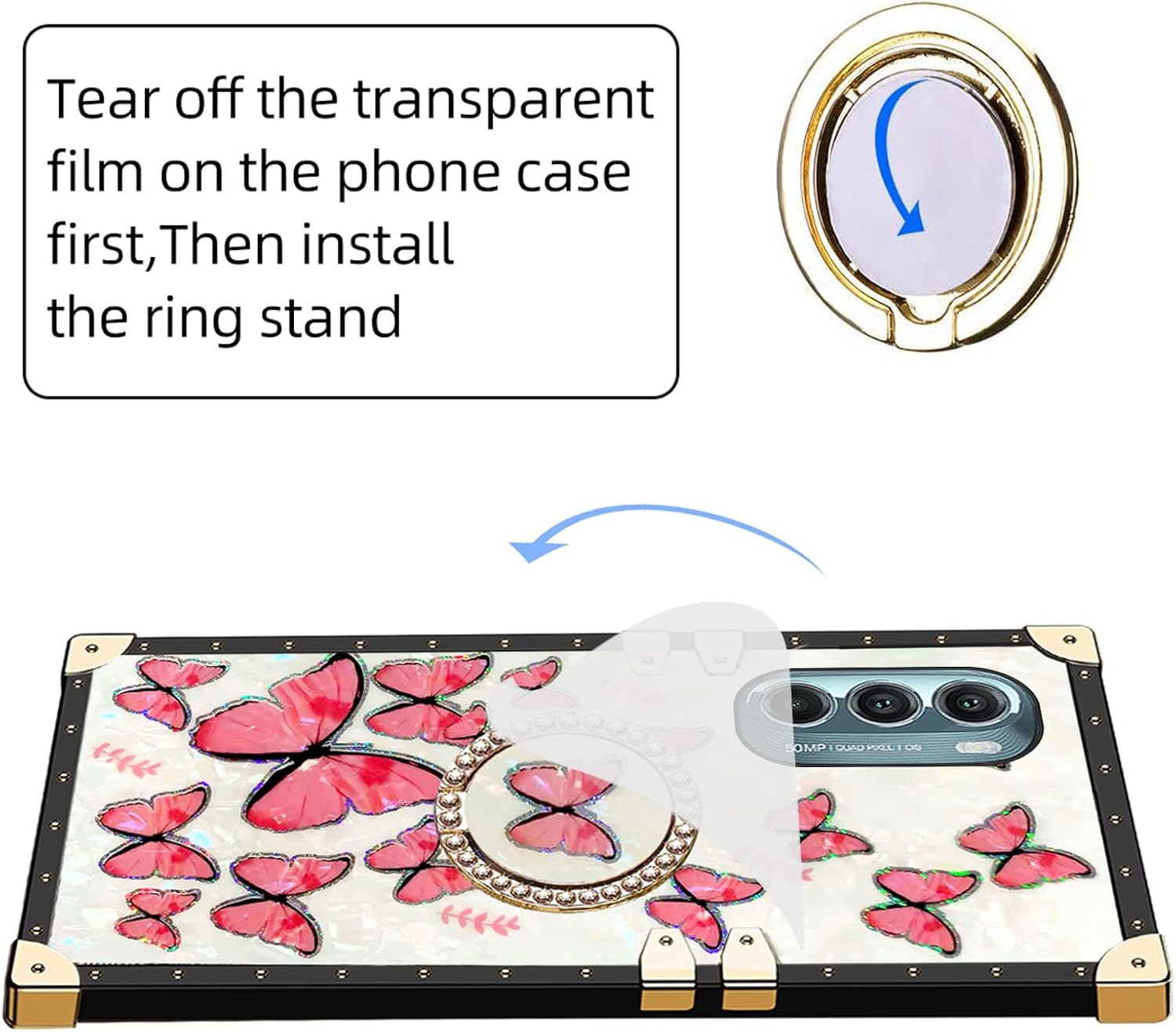 KuDiNi Funda para Moto G Stylus 5G 2022 para mujer, bonita funda cuadrada con purpurina femenina, elegante, retro, con borde de TPU suave, con