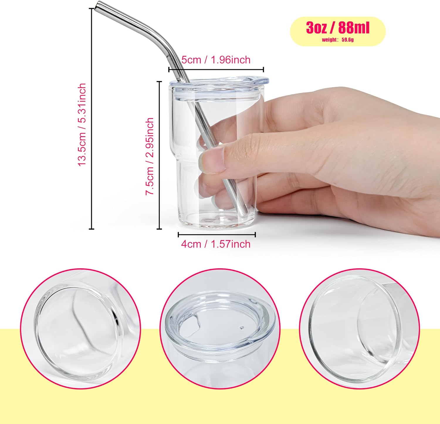 AGH Paquete de 6 vasos de 3 onzas con tapa y popote de acero inoxidable para sublimación Transpanret