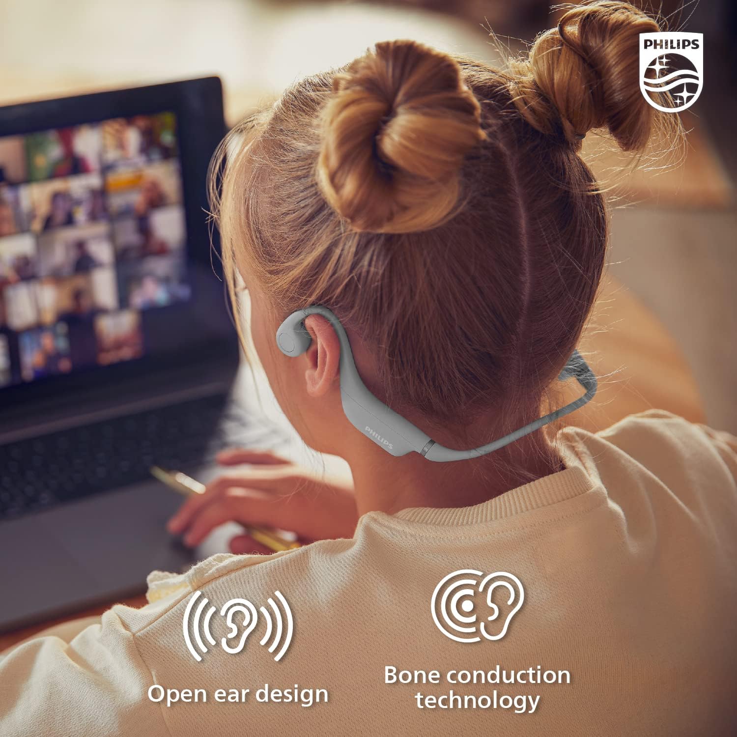 PHILIPS TAK4607GY – Auriculares Bluetooth de conducción ósea para niños con micrófono interno y controles parentales, gris, TAK4607GY