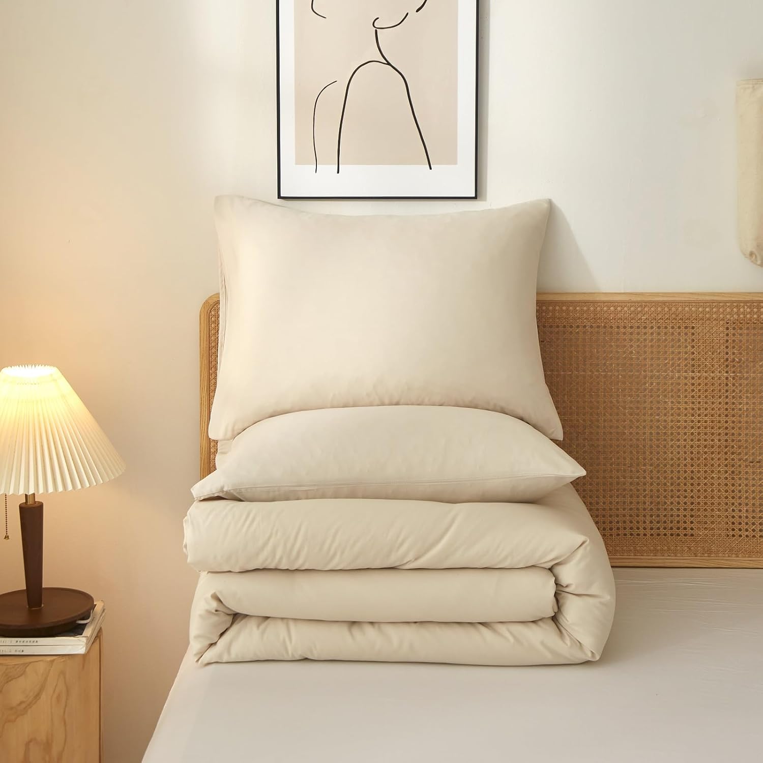 AMWAN Juego de edredón beige Queen Boho Beige Juego de ropa de cama de 3 piezas tamaño Queen, 1 edredón beige tostado con 2 fundas de almohada,