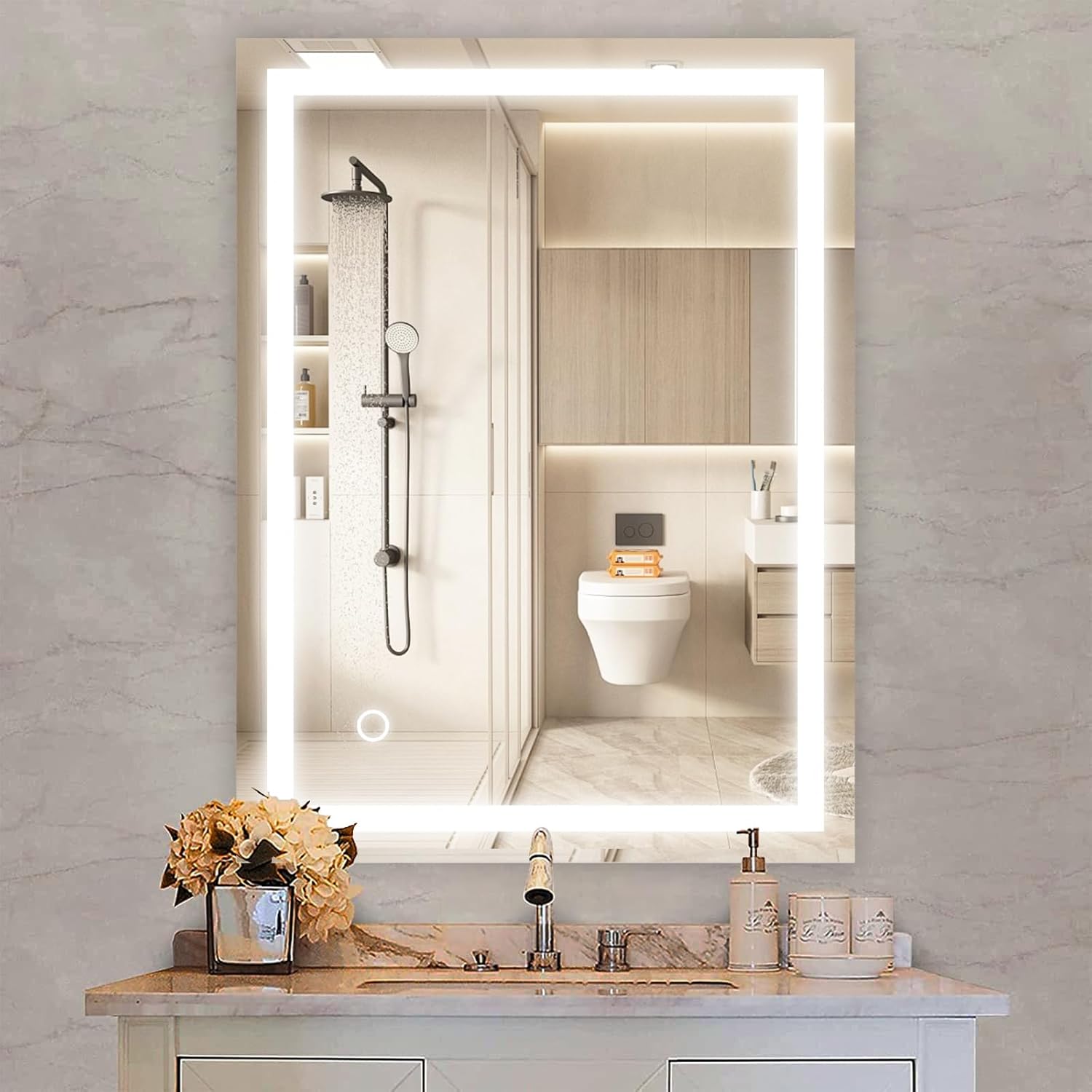 Speculux Espejo de baño LED con luces de 24 x 32 pulgadas, espejos de tocador de baño montados en pared, 3 modos de color regulables, luces