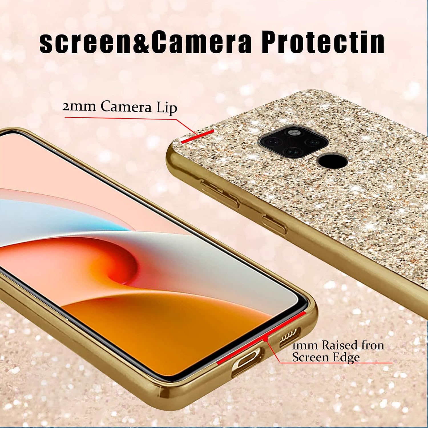 Funda compatible con Huawei Mate 20 con purpurina a prueba de golpes, funda para teléfono Huawei Mate 20, TPU suave brillante y policarbonato de
