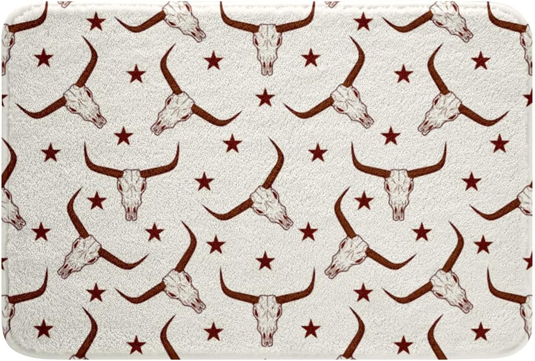 Alfombrillas de calavera de toro, alfombra de cuerno largo y vaca, regalos de vaqueros, alfombra de baño con estrellas del oeste de Texas, animales