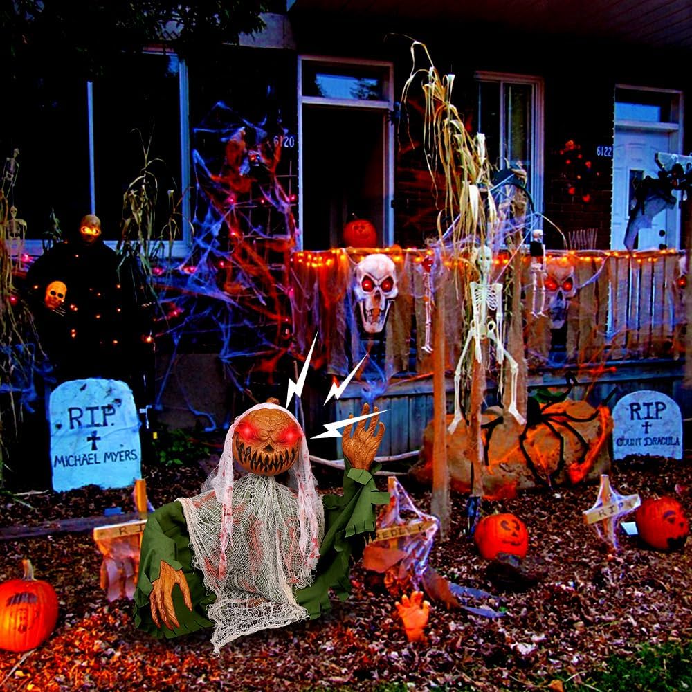YUJUN Decoración animada de Halloween para Halloween, decoración de activación LED de Halloween, calabaza aterradora, fantasma, inducción de sonido,