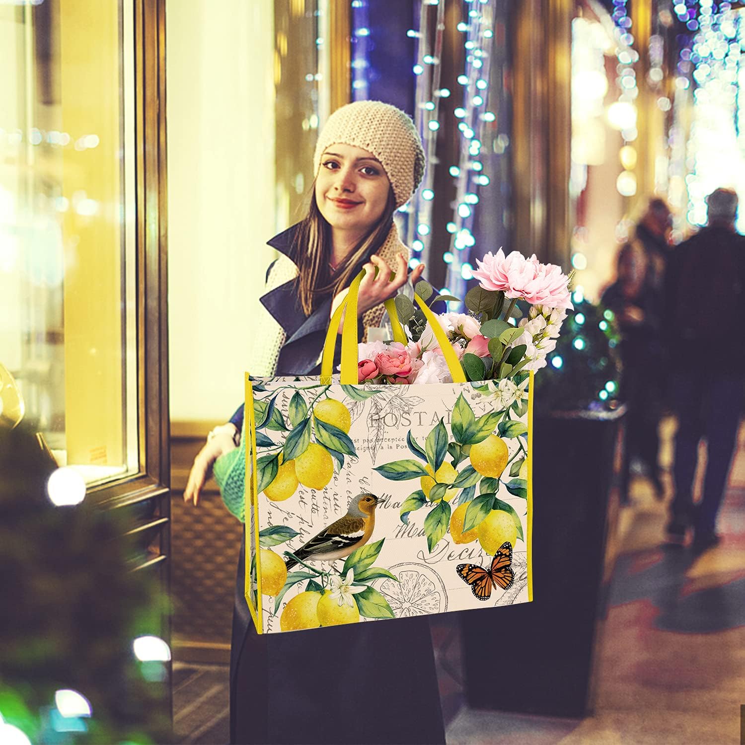 NymphFable Paquete de 5 bolsas de compras reutilizables con limones, pájaros, mariposas, lavables, bolsas de tela