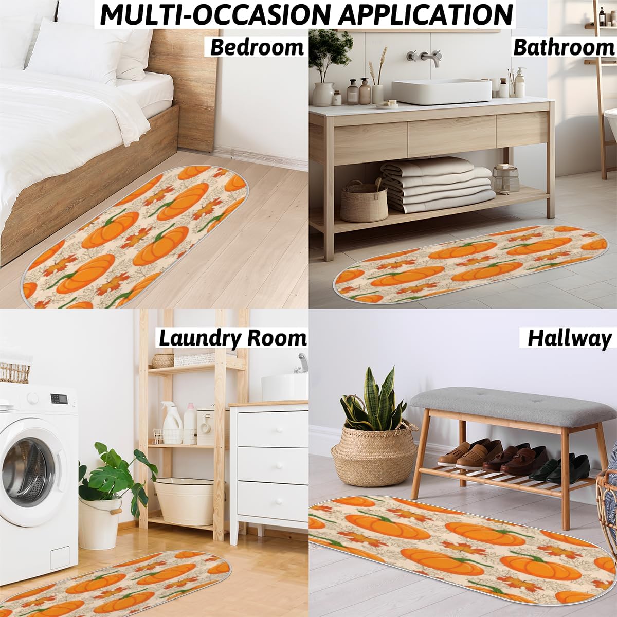 Pumpkin Maple Leaves Fall Thanksgiving Memory Foam Bathroom Rug Runner Soft Cozy Bath Rug Water Absorbent Non-Slip Bathroom Mat Thick Velvet Shower