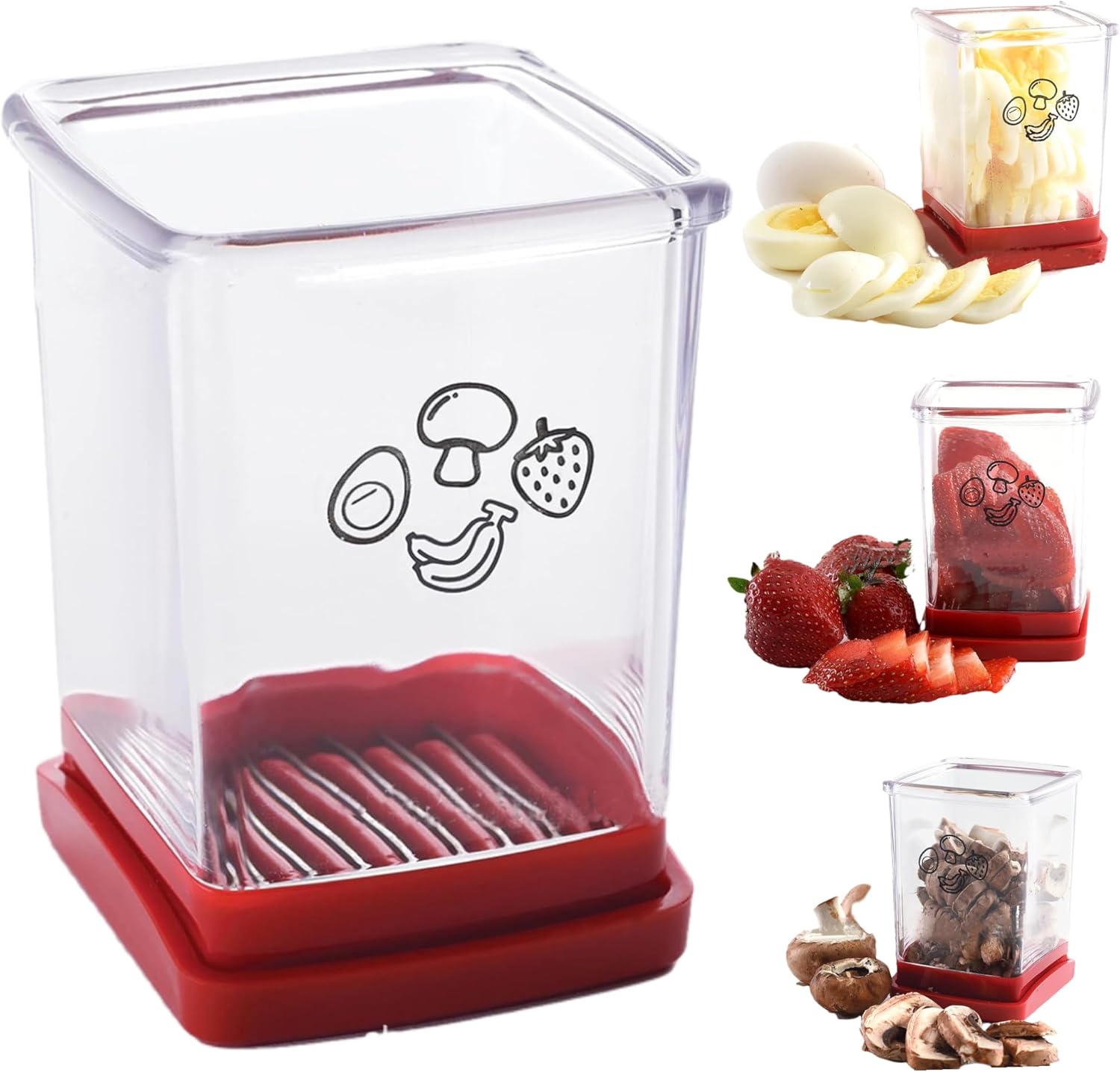 Cortador de frutas y verduras con placa de empuje, cortador de huevos, acero inoxidable, plátano, fresa, herramienta portátil para cortar verduras,