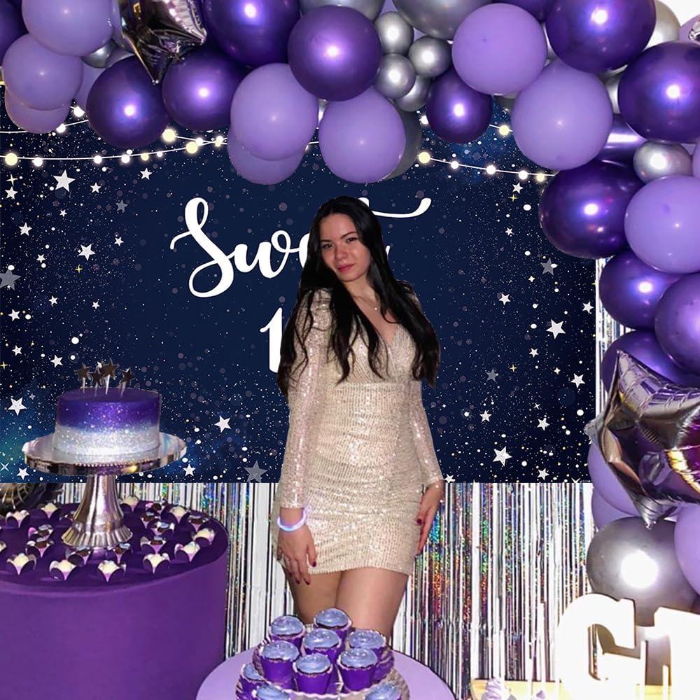 Telón de fondo de noche estrellada dulce 16, estrellas blancas, cielo nocturno, decoración de fiesta de cumpleaños número 16, fondo de galaxia,