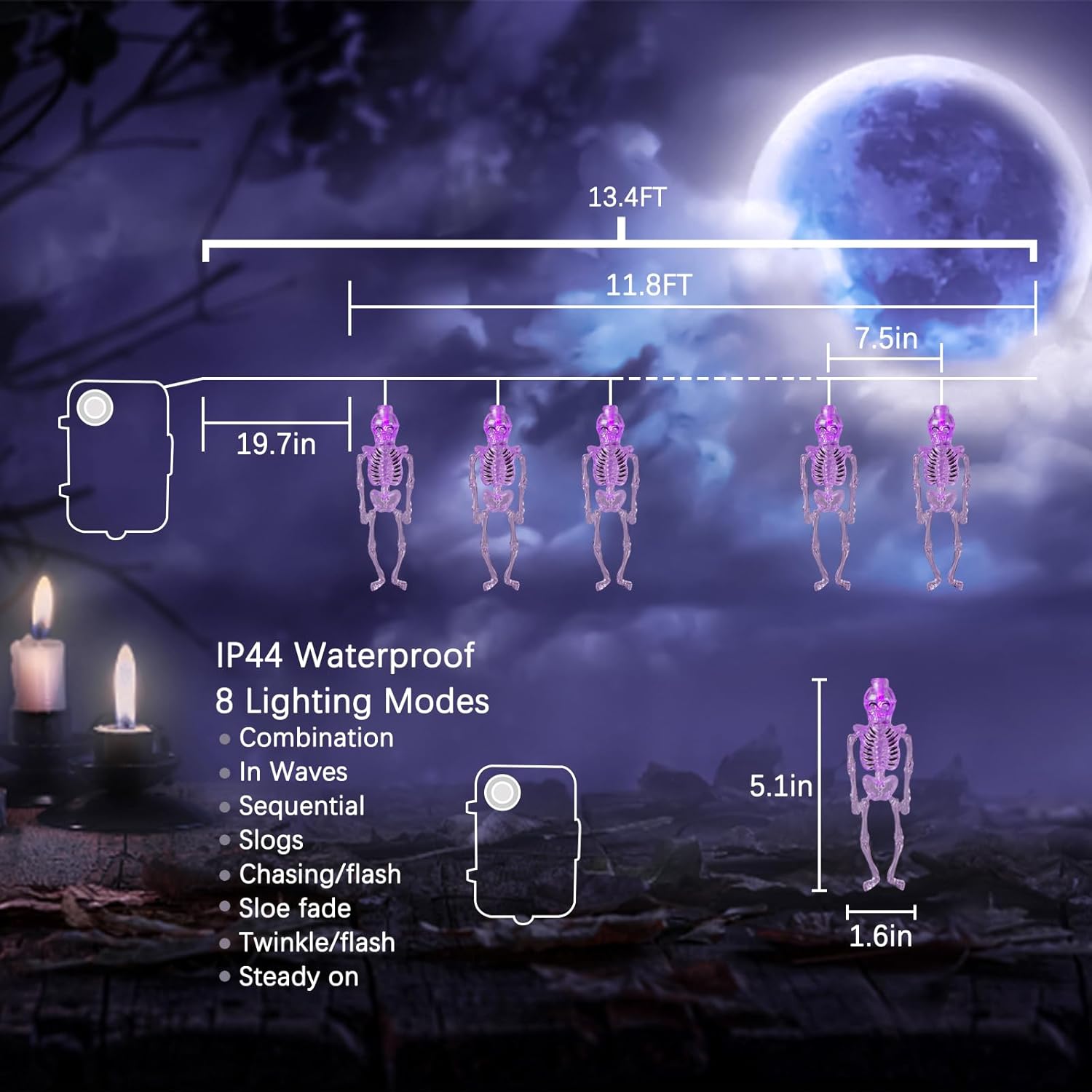 TIANSHENG Guirnalda de luces de esqueleto para Halloween, 20 luces LED, 8 modos, impermeables, funciona con pilas, para interiores y exteriores,