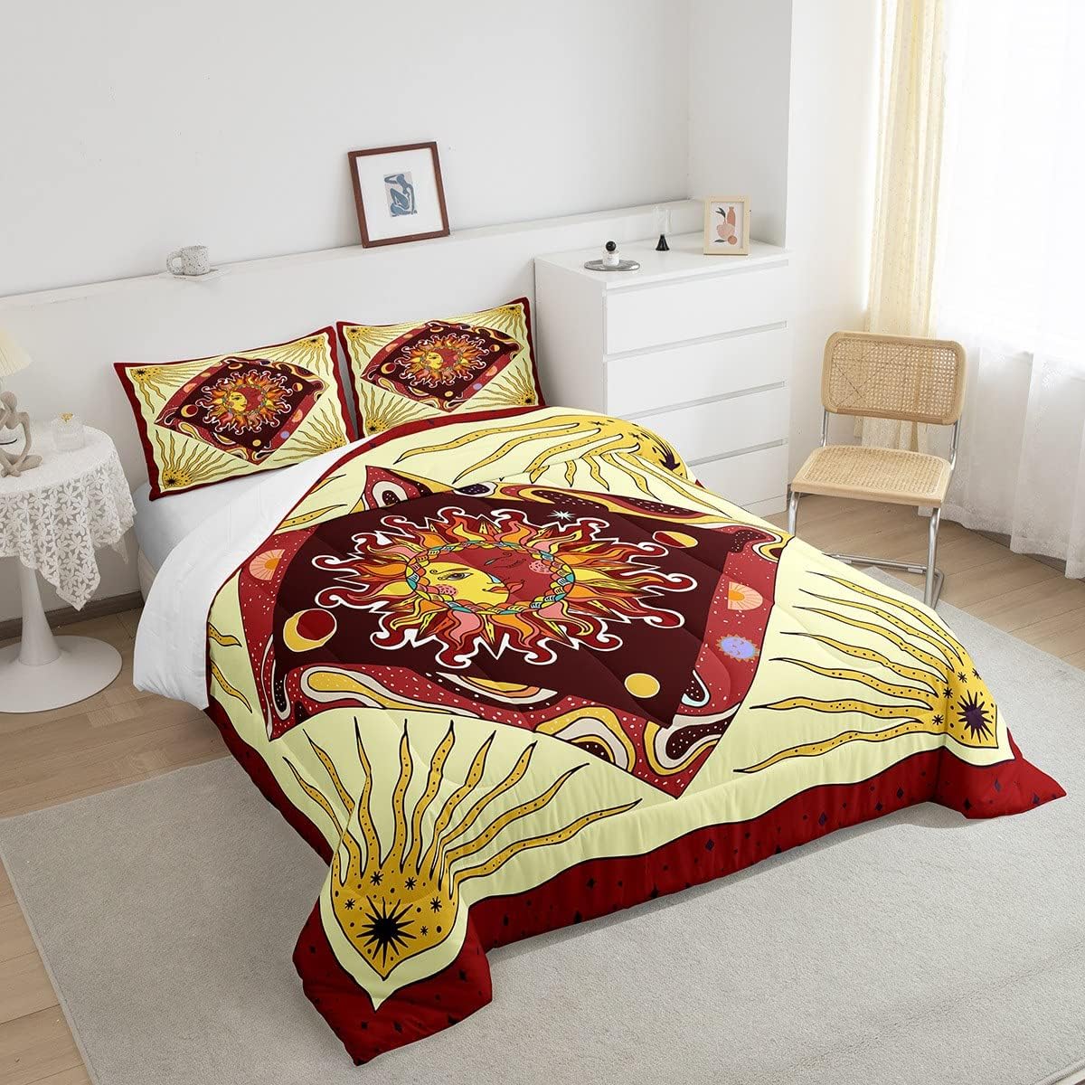 Sun Moon – Juego de edredón para niños, tamaño Queen, juego de ropa de cama psicodélico de cielo estrellado y galaxia, decoración de habitación de