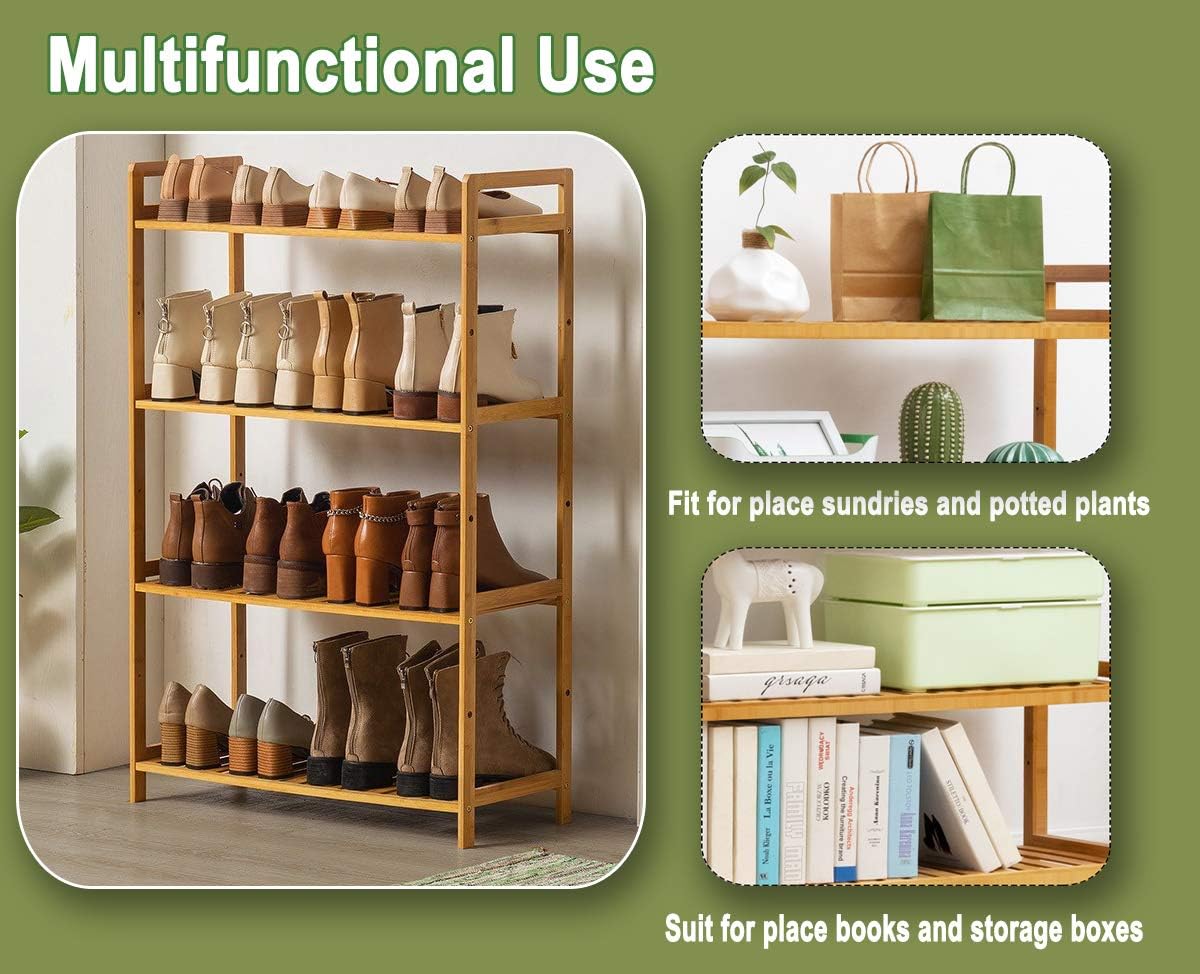 HOLIFLY Zapatero organizador de 4 niveles de madera y bambú para entrada, ajustable a zapatos de botas, almacenamiento premium para dormitorio