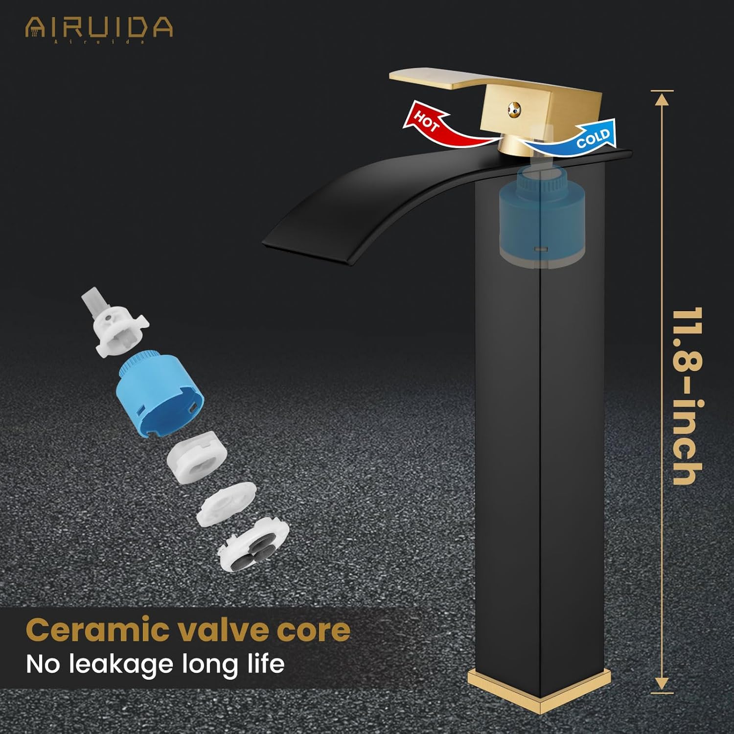 Airuida Grifo de lavabo alto para baño, color negro mate y oro cepillado, moderno solo agujero de una sola manija, estilo granja, lavabo montado en