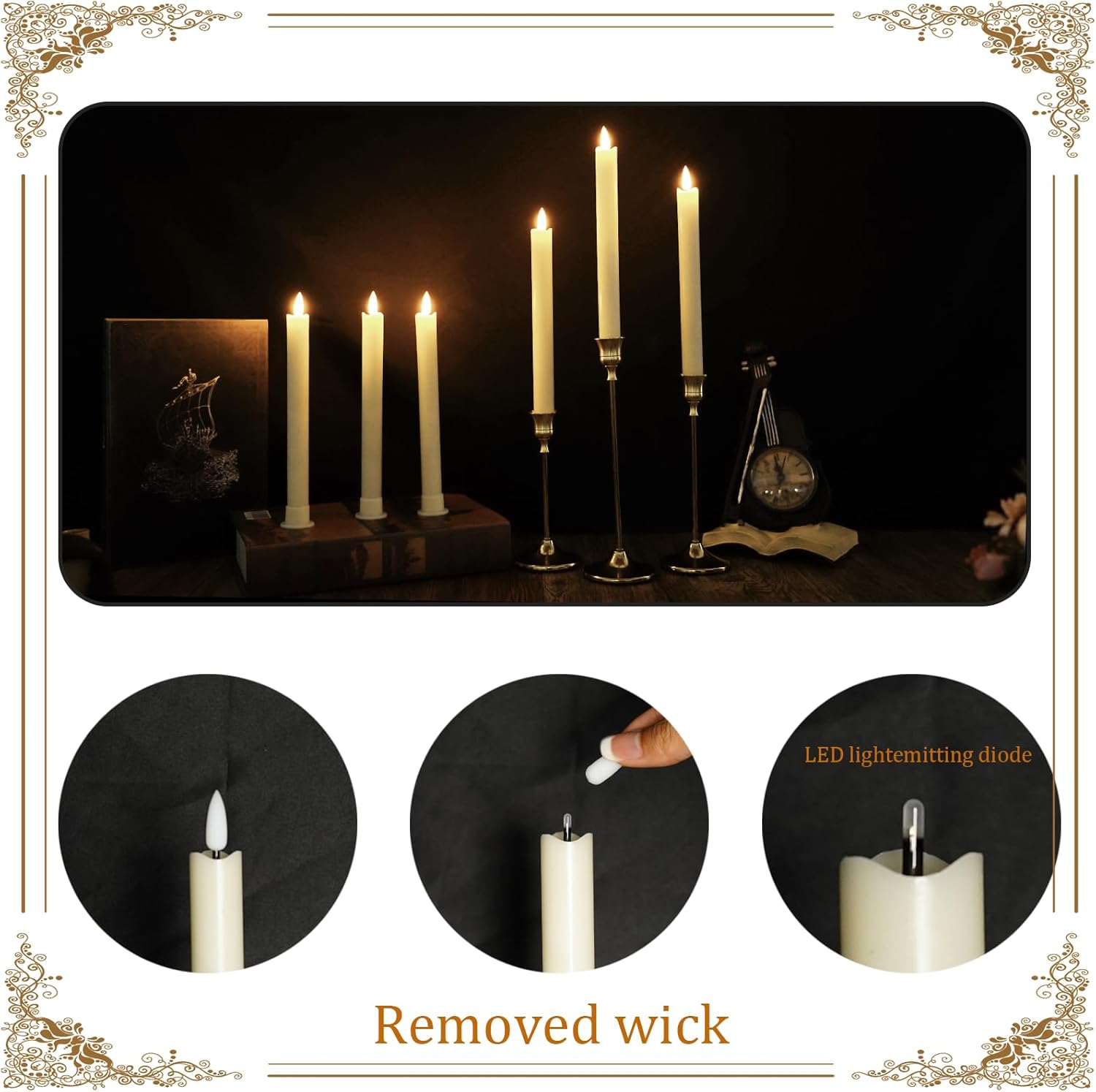 Velas cónicas sin llama de cera real marfil con temporizador remoto, 6 velas LED cónicas que funcionan con pilas, velas LED de 9.6 pulgadas con 6