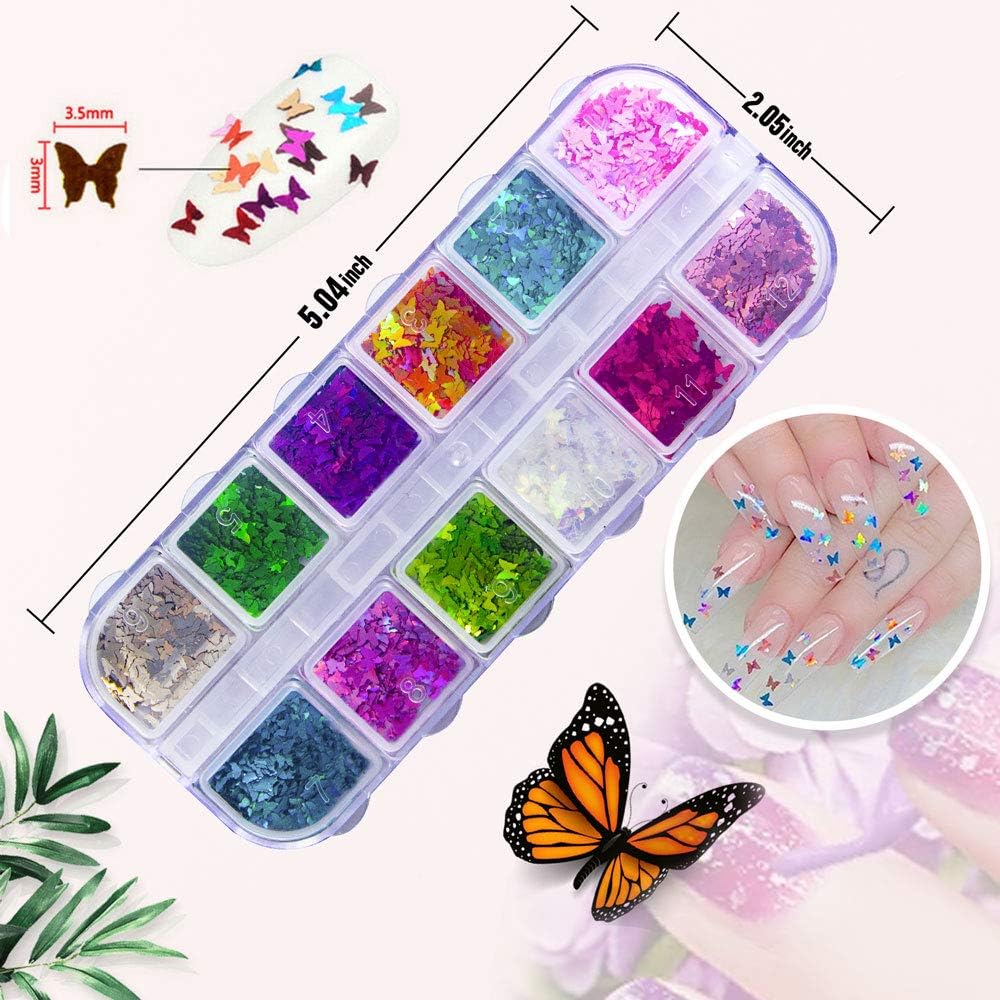 Brillantina holográfica 3D para uñas, 24 coloresjuego de lentejuelas de mariposa para uñas, lentejuelas láser, lentejuelas acrílicas para decoración
