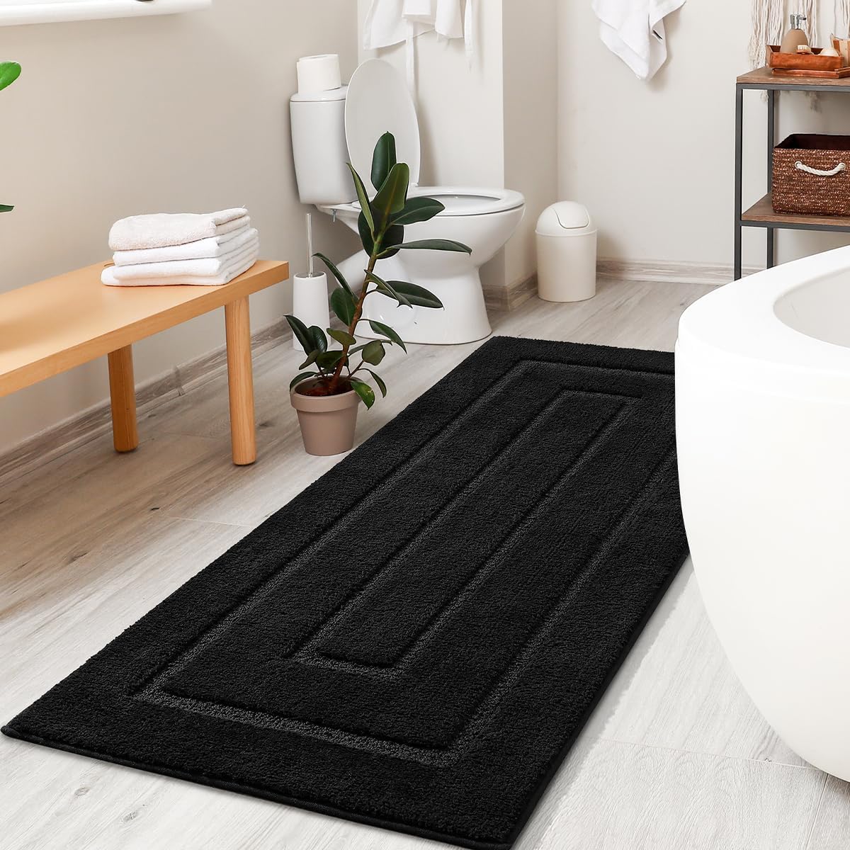 Keeko Alfombra de baño de 24 x 36 pulgadas, suave y absorbente, color negro, alfombra de baño de microfibra, antideslizante, lavable, resistente a