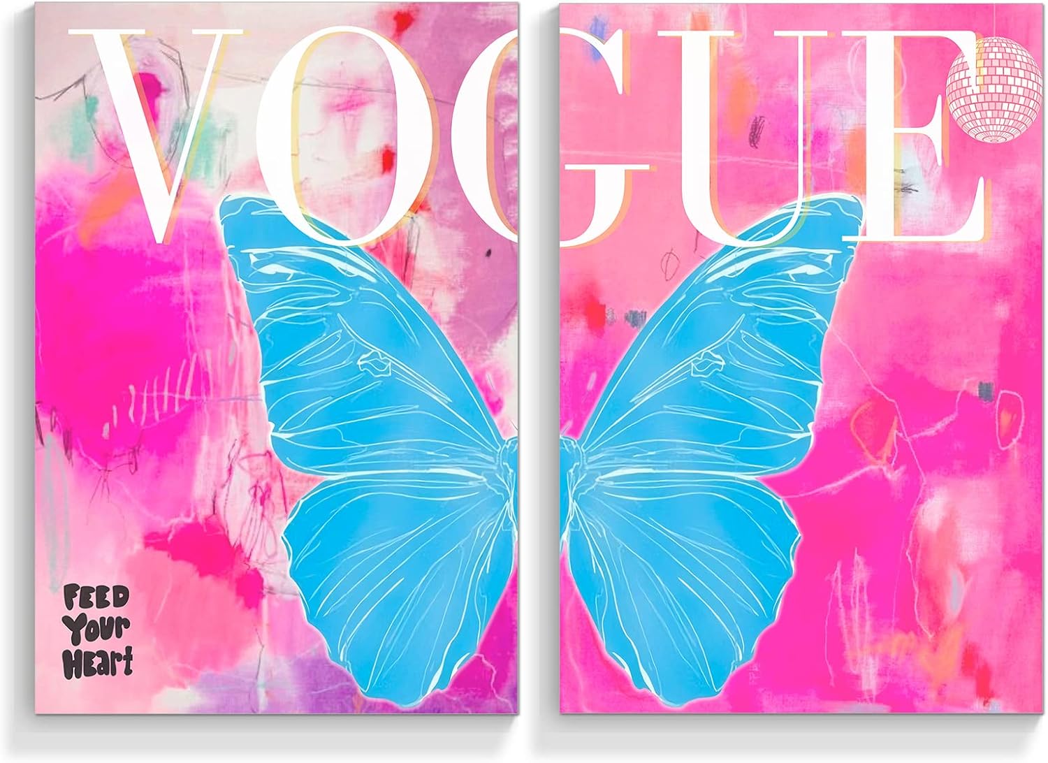 TACRIG 2 piezas de arte de pared en lienzo de mariposa azul de moda preppy – Pósteres de imágenes de moda rosa para dormitorio de niñas – Decoración