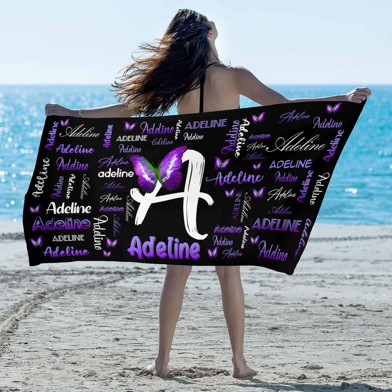 Artsadd Toalla de playa personalizada con texto, toalla de secado rápido personalizada mariposa morada para hombres y mujeres, con monograma