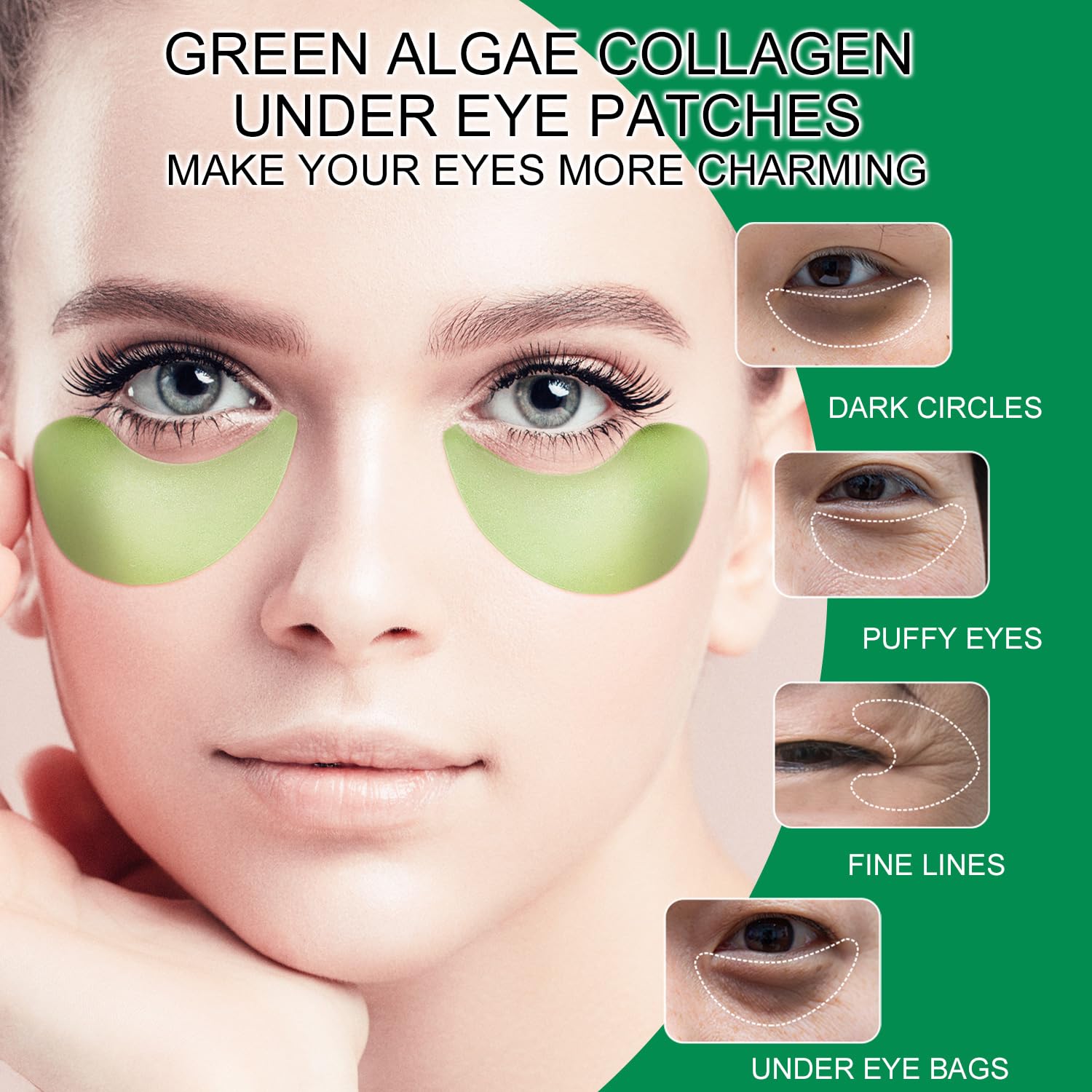 ROUSE Parches de algas verdes para debajo de los ojos, máscara de colágeno con algas marinas para bolsas debajo de los ojos, ojeras, almohadillas de