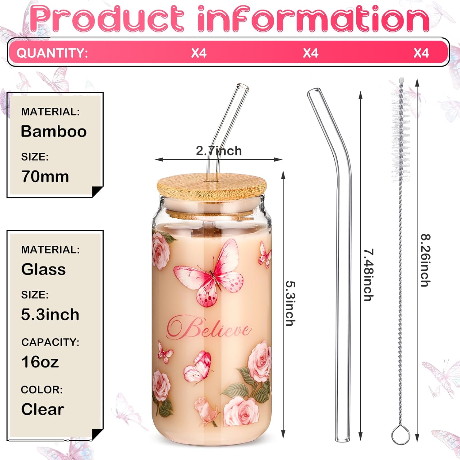Cunhill 4 vasos de cristal cristiano de 16 onzas con diseño de mariposa de agradecimiento para café helado, regalo de graduación, vasos de flores