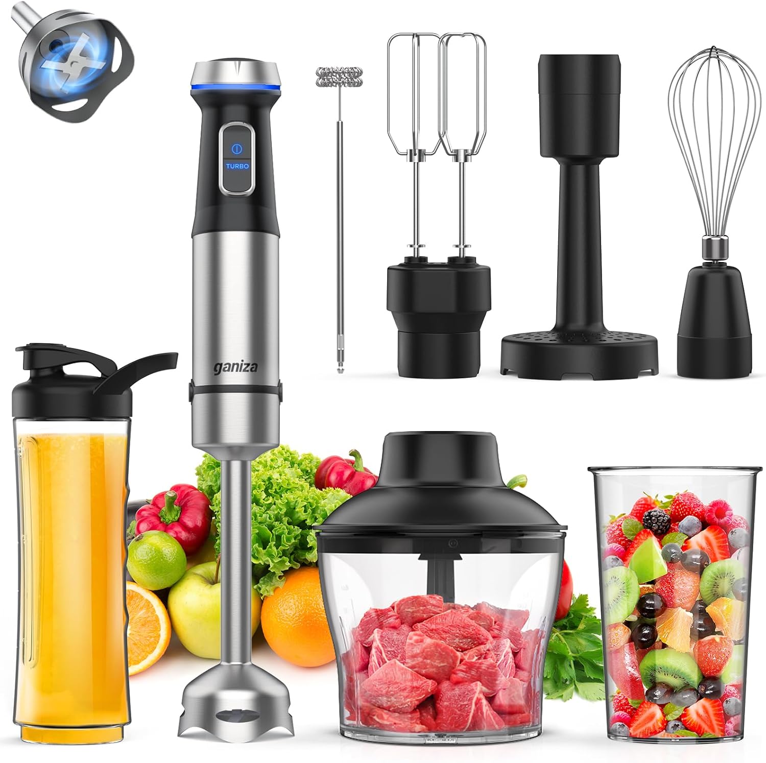 Ganiza Licuadora de inmersión 8 en 1 Batidora de mano 800W Motor resistente, 15 velocidades y modo turbo Batidora de mano de acero inoxidable Sitck