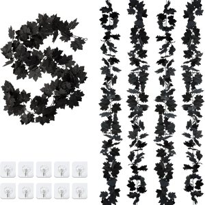 Decoraciones de Halloween, 5 unidades, guirnalda de hojas de arce negro, guirnalda de hojas negras, guirnalda de Halloween para manto, puerta Decoraciones de Halloween, 5 unidades, guirnalda de hojas de arce negro, guirnalda de hojas negras, guirnalda de Halloween para manto, puerta