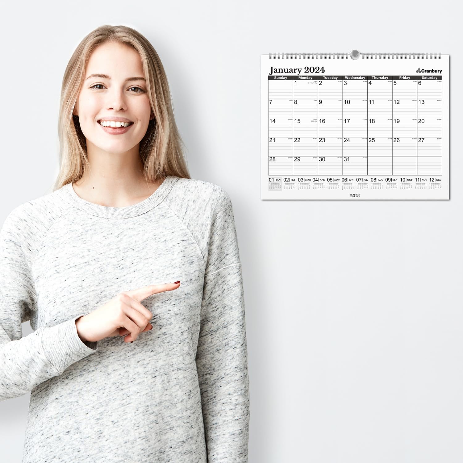 CRANBURY Calendario de pared grande 2024 (negro), 12 x 15 pulgadas, calendario de oficina, uso como calendario colgante 2024 de 12 x 15 pulgadas o