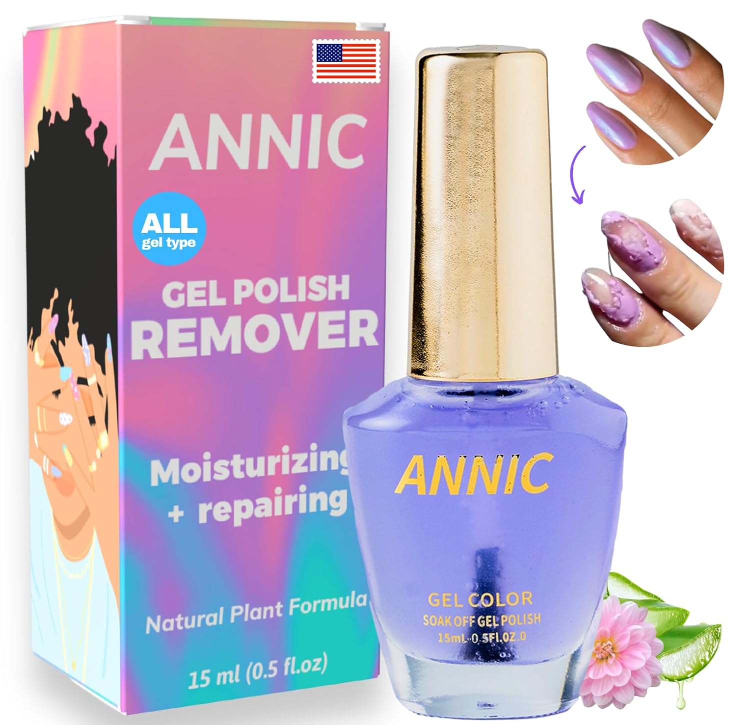 ANNIC Removedor de esmalte de uñas de gel de acción rápida, no tóxico, sin acetona, suave e hidratante para uñas, elimina acrílico, inmersión, goma