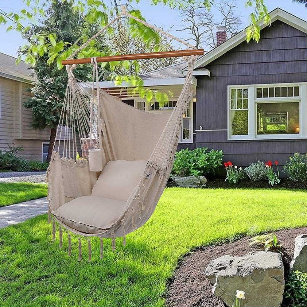 Silla hamaca XXL para colgar en interiores y exteriores, con bolsillo lateral, 2 cojines, bolsa de transporte, todos los accesorios para colgar,