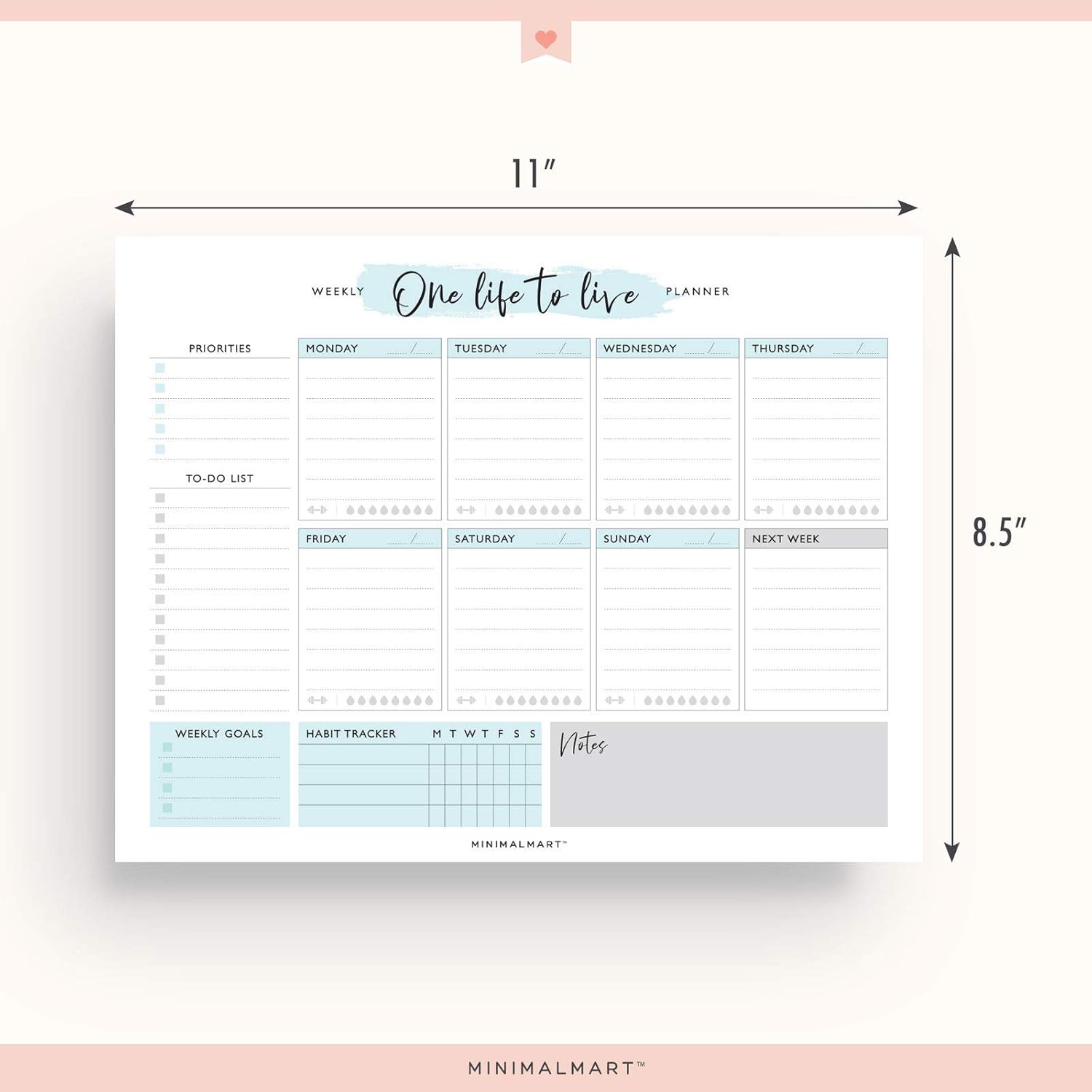 Planificador semanal lindo  50 hojas sin fecha  Calendario de productividad personal organizador para tareas diarias, citas, preparación de comidas,