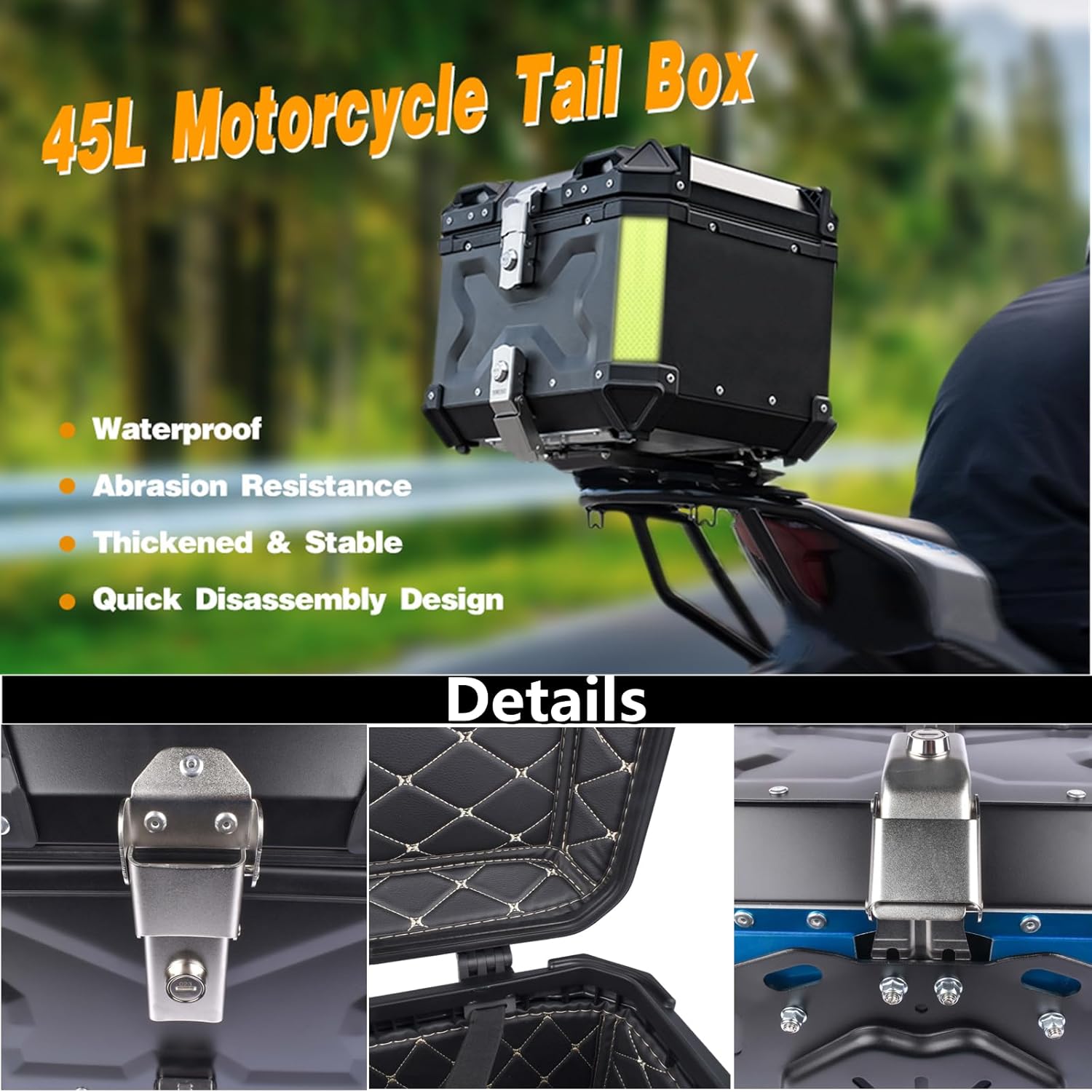 Maleta superior de motocicleta negra de 45 L, caja superior de aluminio impermeable para maletero de motocicleta, caja de cola con cerradura de