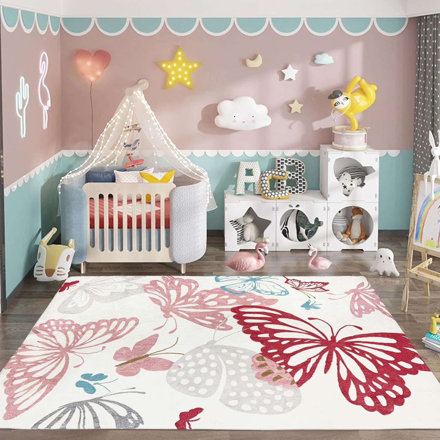 USTIDE Butterflys – Alfombra para niños, alfombra lavable de 55 x 78 pulgadas, alfombra antideslizante para habitación de niñas, habitación de