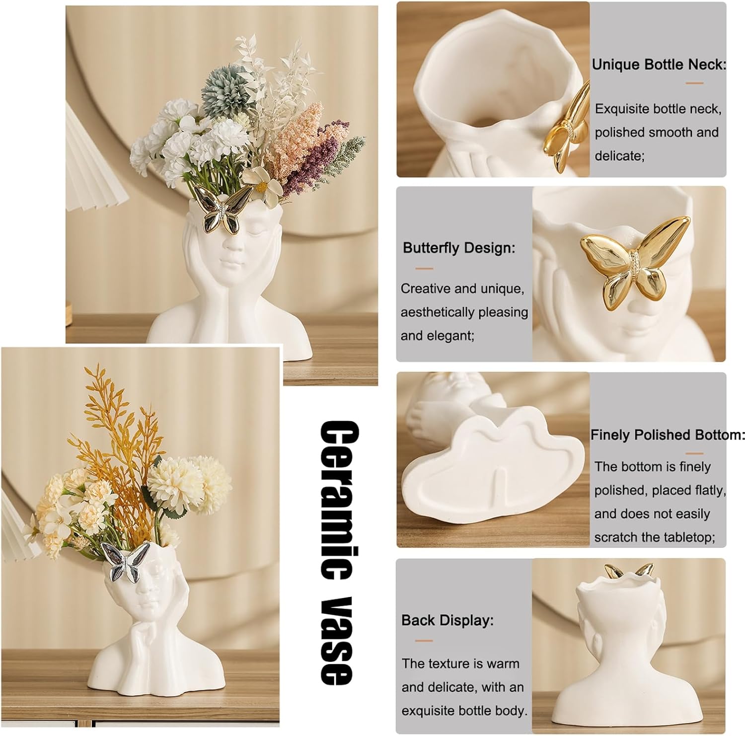 PAVLDSIN Jarrón de cerámica blanca para decoración, cabeza de forma humana creativa, medio cuerpo, busto, floreros con mariposa para el hogar,