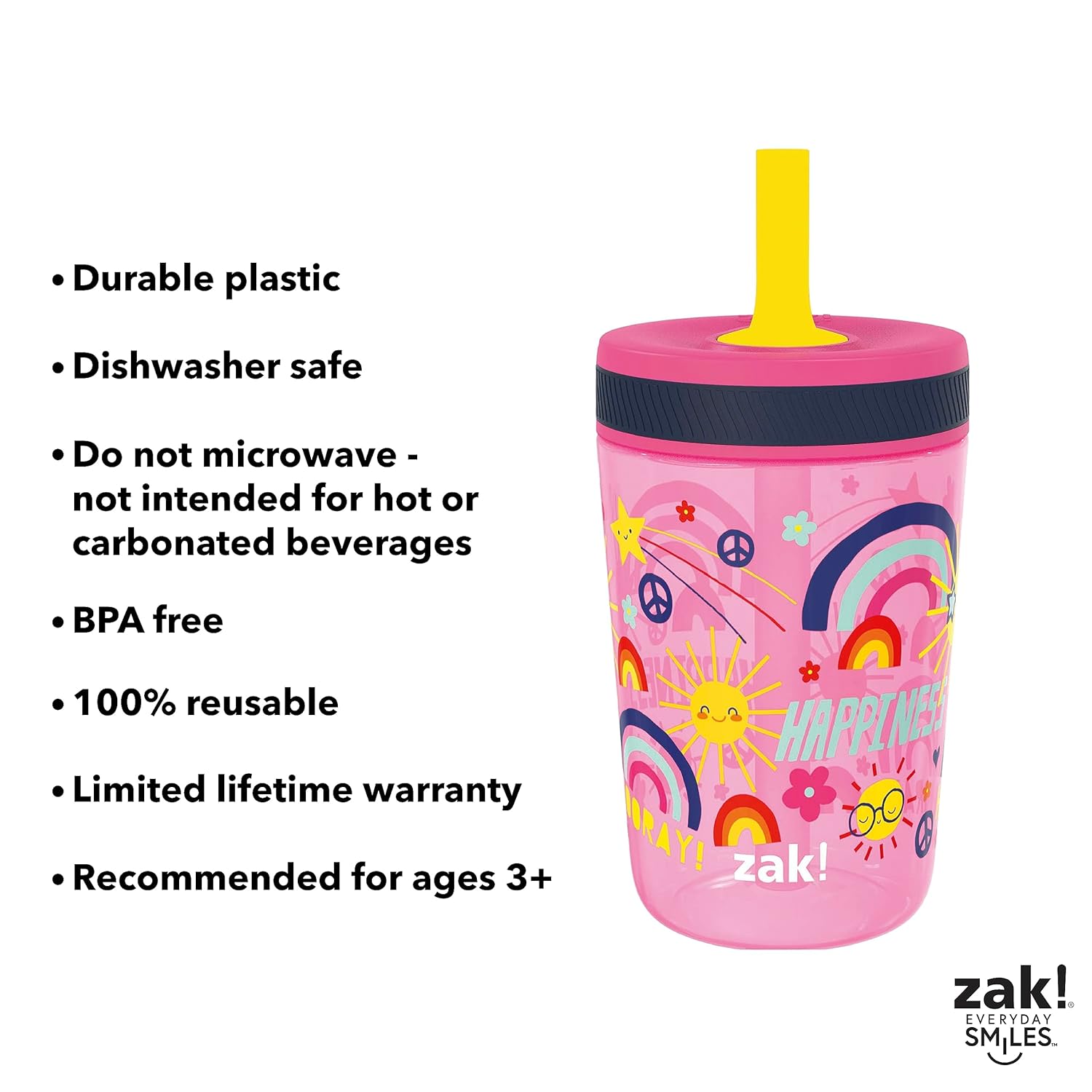 Zak Designs Kelso – Juego de vasos de 15 onzas, (Starpower) sin BPA a prueba de fugas con tapa de rosca con pajilla, hecho de plástico duradero y