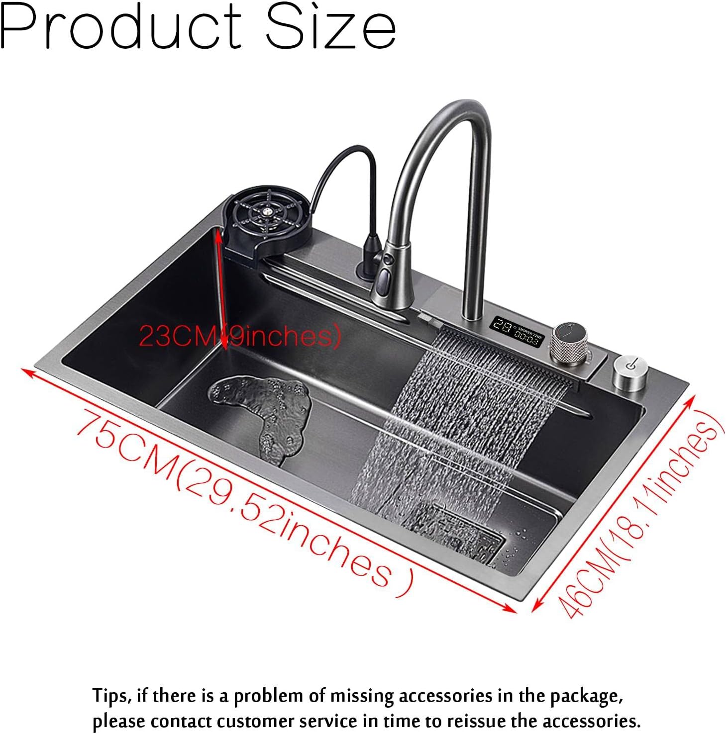 NOYHHAV Pantalla de temperatura Cocina cascada Fregadero de 29.5 pulgadas Fregaderos de cocina Fregaderos de cocina de acero inoxidable negro con