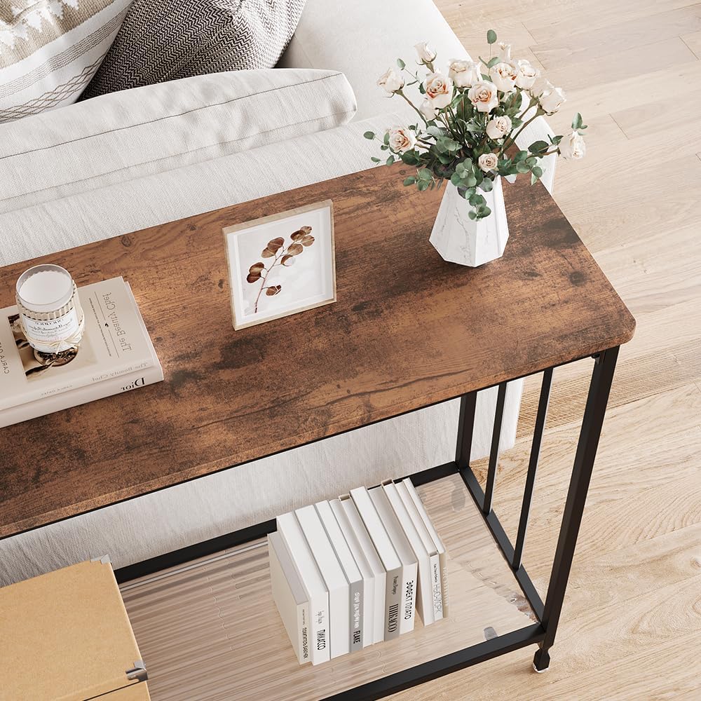 Mesa consola, mesas de sofá, mesa de entrada estrecha con estante de vidrio y marco de metal, mesa de pasillo industrial de 33.5 pulgadas para sala