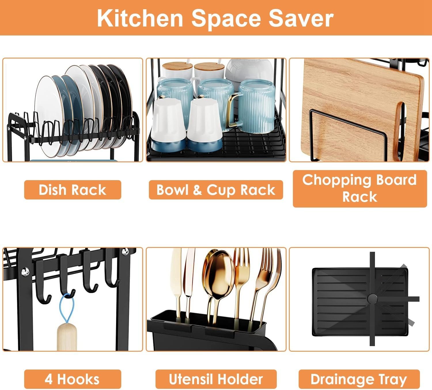 Escurridor de platos para encimera de cocina, escurridor de platos de 2 niveles con escurridor desmontable, juego organizador de escurridor a prueba