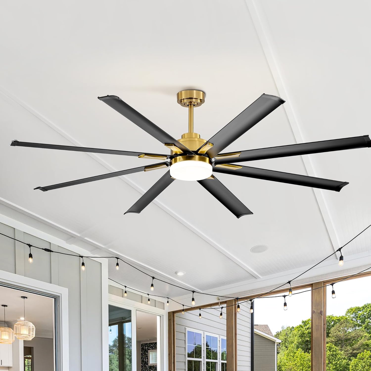 Breezary Ventiladores de techo de 72 pulgadas con control remoto de luz LED, 8 aspas de aluminio, ventilador de techo dorado y negro con motor de CC