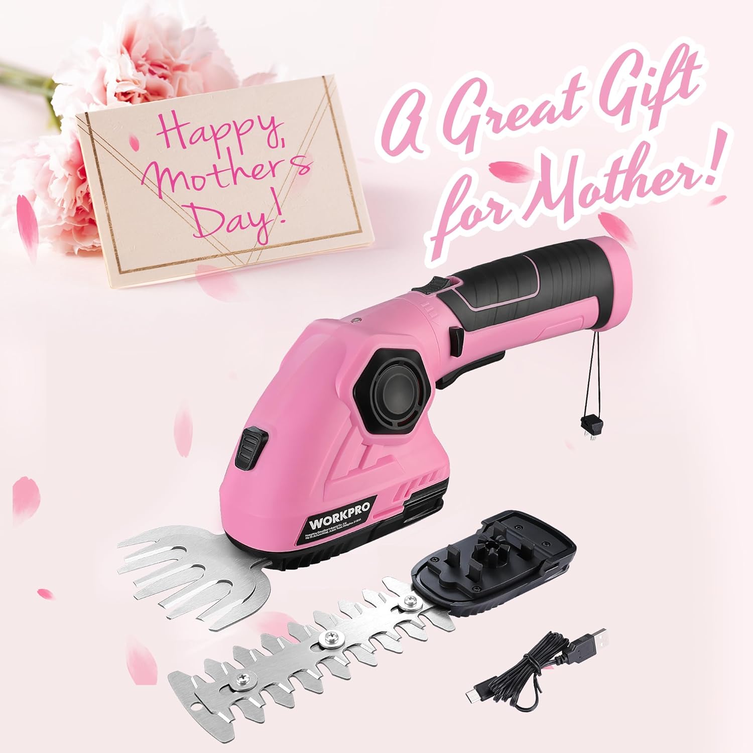 WORKPRO Pink Cordless Grass Shear & Shrubbery Trimmer – 2 in 1 Handheld Hedge Trimmer 7.2V Electric Grass Trimmer Hedge ShearsGrass Cutter 2.0Ah