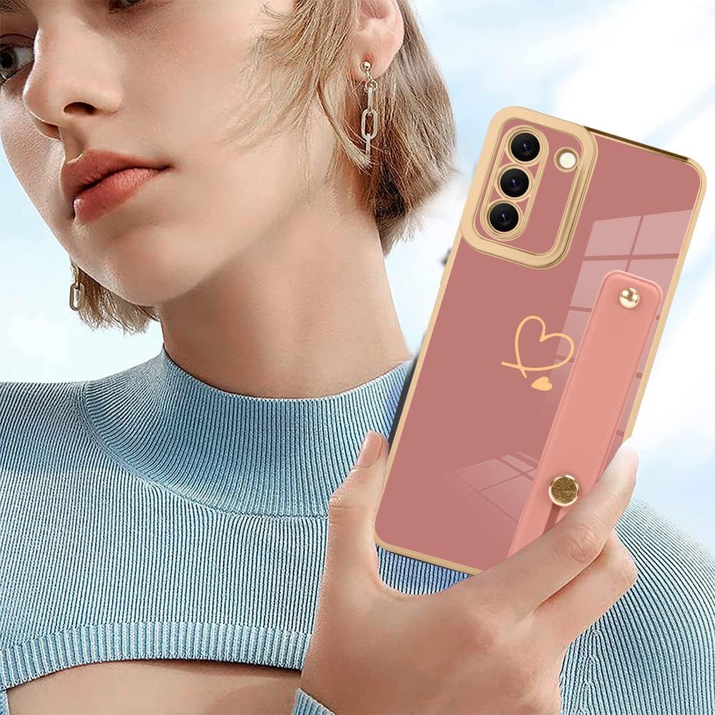 ZIYE Funda galvanizada de lujo para Galaxy S21 Plus 5G con correa chapado en corazón dorado para mujeres y niñas, antiarañazos, a prueba de golpes,