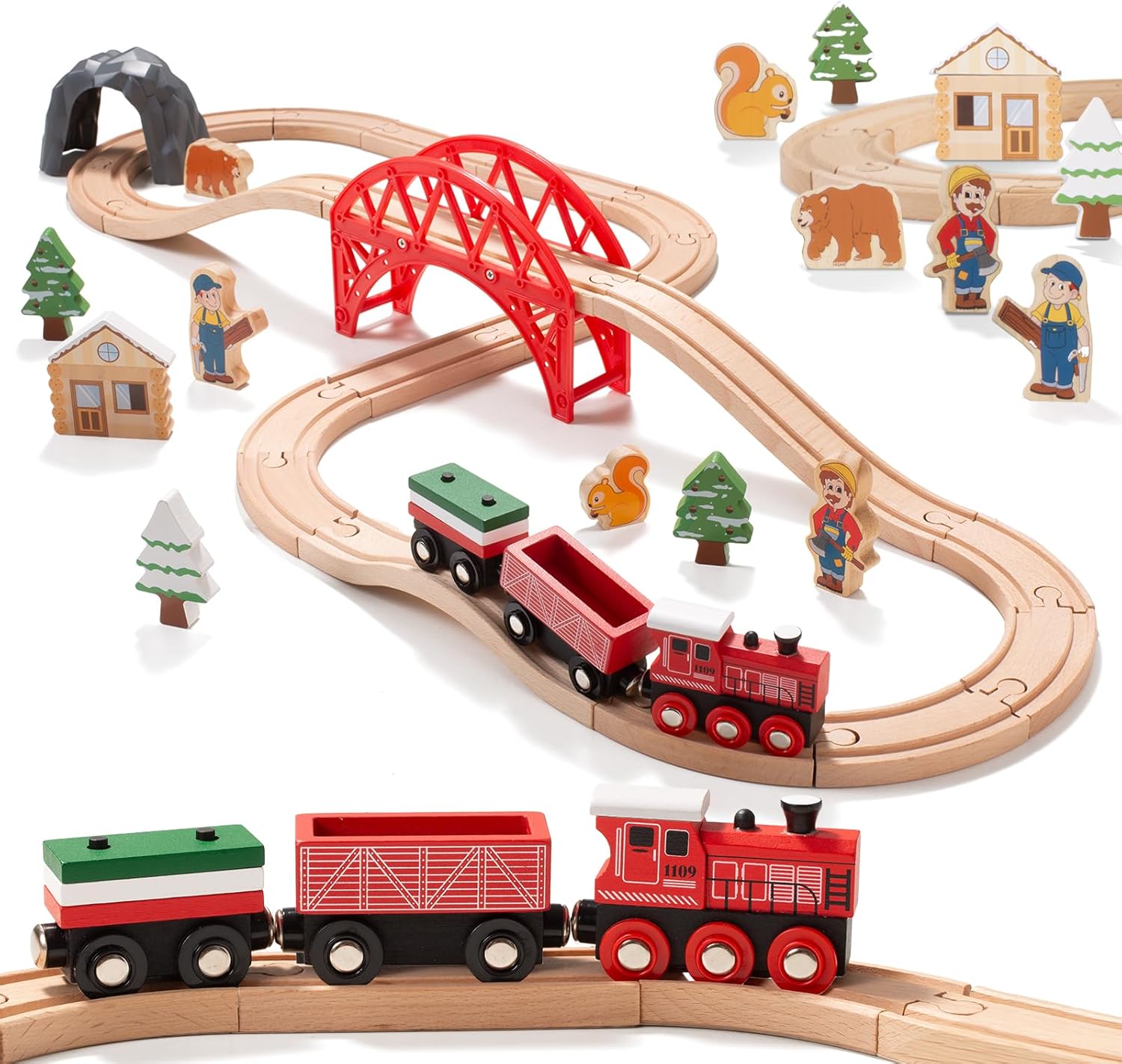 Giant bean Juego de tren de madera con temática forestal para niños pequeños, 36 piezas de juguete de madera expandible e intercambiable, para niños