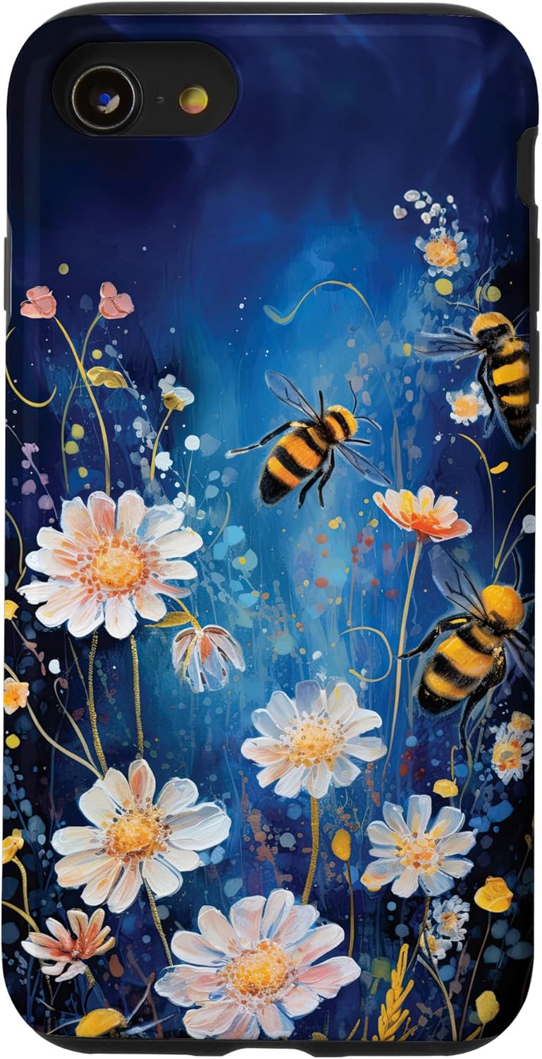 Funda para iPhone SE (2020)  7  8 Bees and wildflowers on dark blue