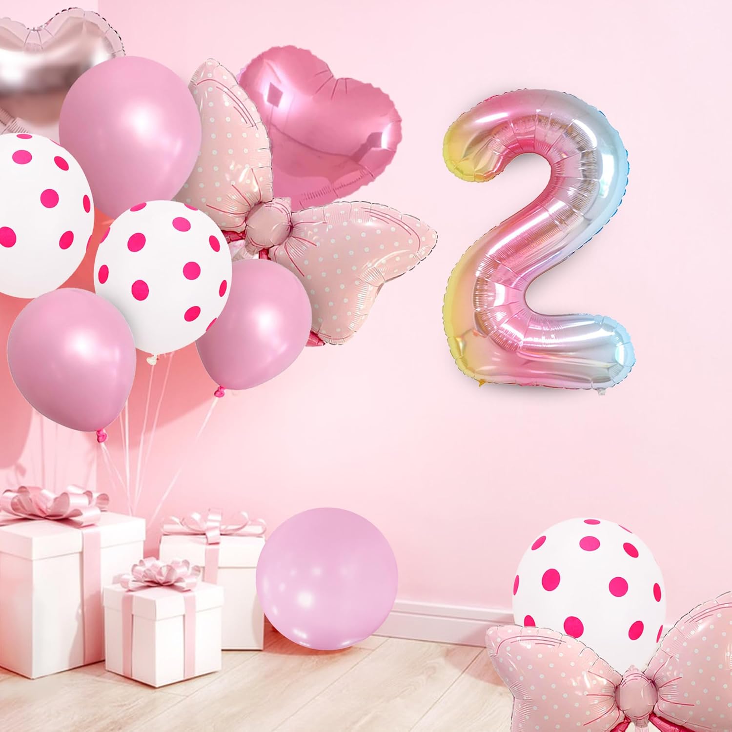 14 globos de fiesta de ratón con lazo rosa, globos metálicos de papel de aluminio rosa intenso, incluye globo de cumpleaños número 2, arco rosa,