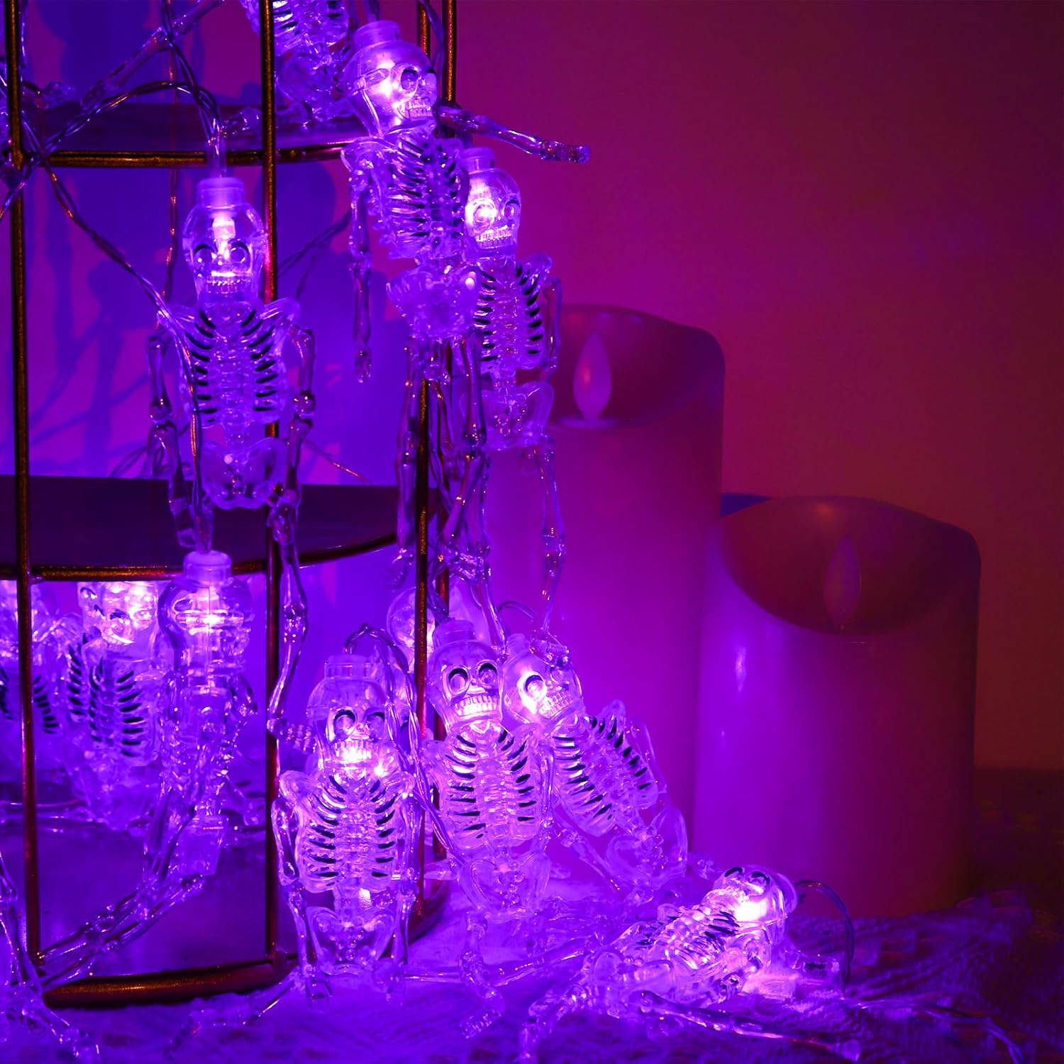 TIANSHENG Guirnalda de luces de esqueleto para Halloween, 20 luces LED, 8 modos, impermeables, funciona con pilas, para interiores y exteriores,