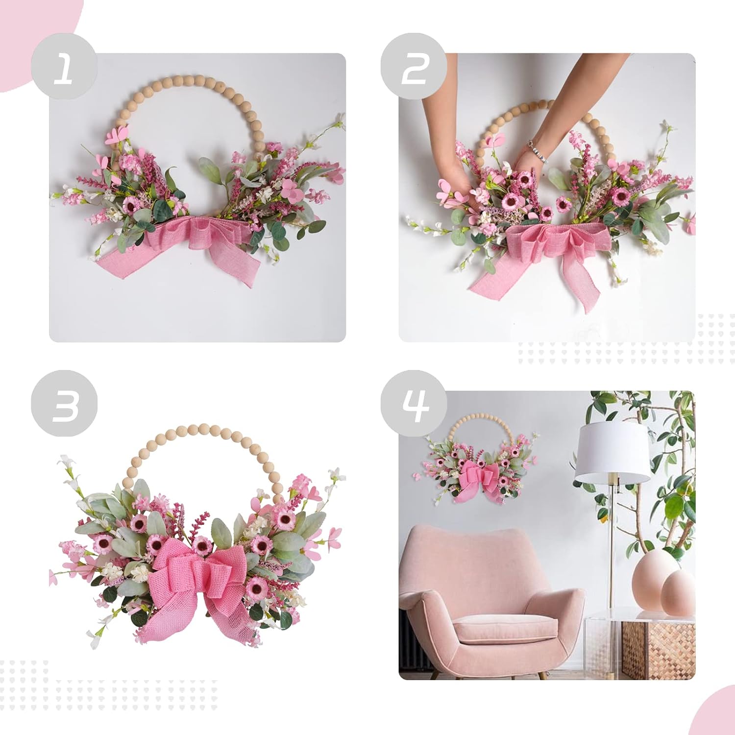 TEMPUS Corona de puerta con cuentas de madera de primavera de 16 pulgadas, margarita rosa, corona de lazo de arpillera, día de San Valentín,