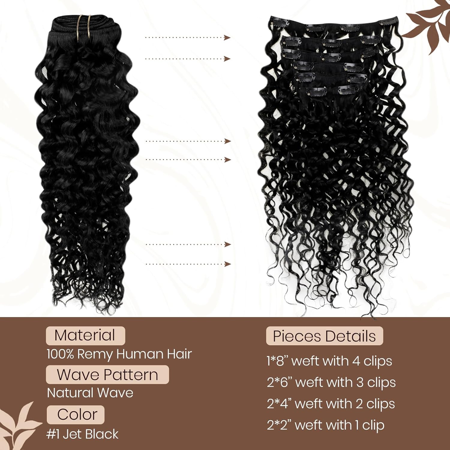 Hetto Extensiones de cabello humano rizado con clip, color negro azabache #1, extensiones de cabello humano ondulado natural con clip, extensiones