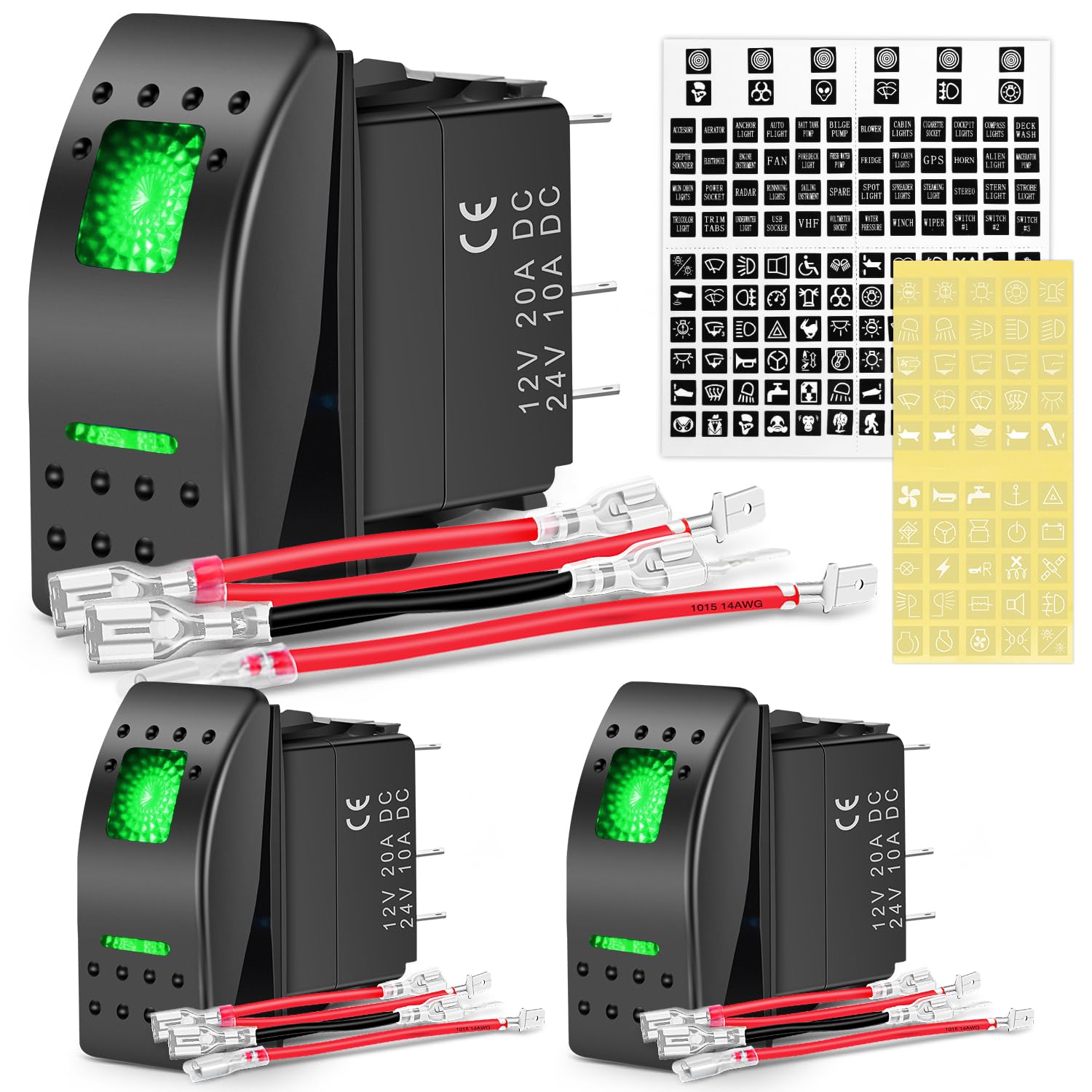 Nilight Paquete de 3 interruptores basculantes con calcomanías de brillo nocturno para bricolaje, encendido y apagado de 5 pines SPST, interruptores