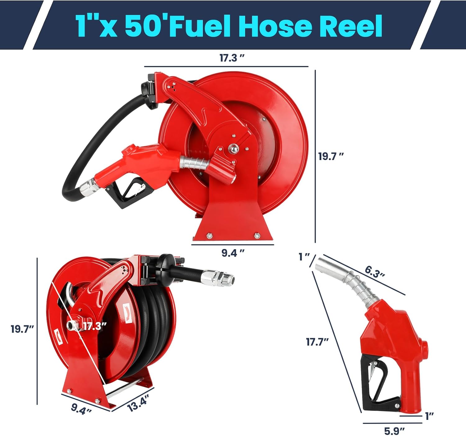 Carrete de manguera de combustible con boquilla de combustible, carrete de manguera diésel retráctil extra largo de 1 pulgada x 50 pies, carrete de