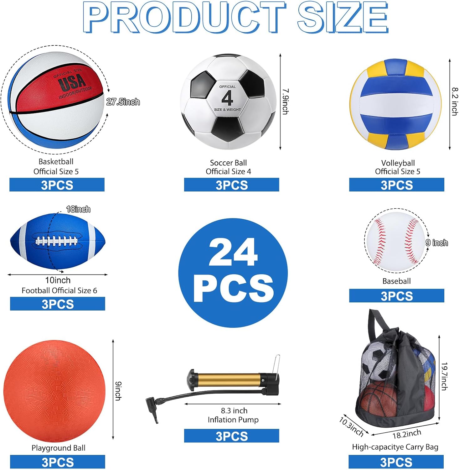 Juego de 18 pelotas deportivas para niños y adolescentes, tamaño oficial, baloncesto, fútbol, voleibol, fútbol, parque infantil, béisbol, equipo